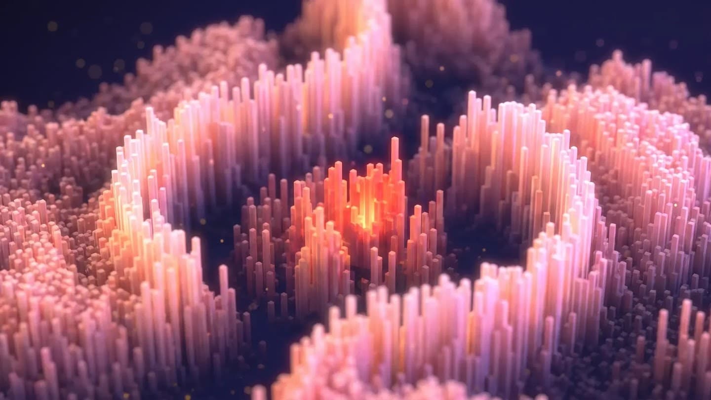 Google DeepMind's AlphaGenome Atlas artwork depicts an abstract landscape of pink and orange vertical columns.